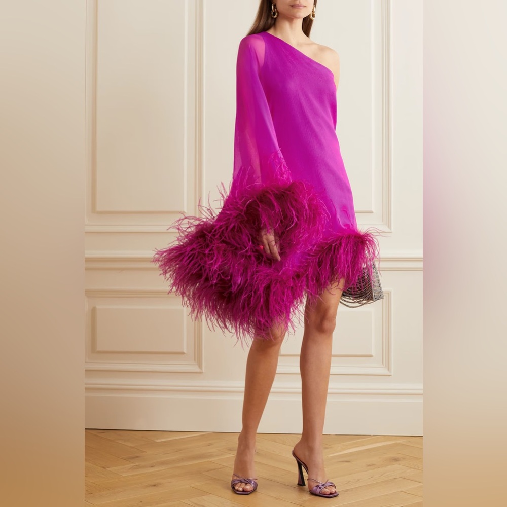 Taller Marmo One-Sleeve Feather-Trimmed Silk Dress